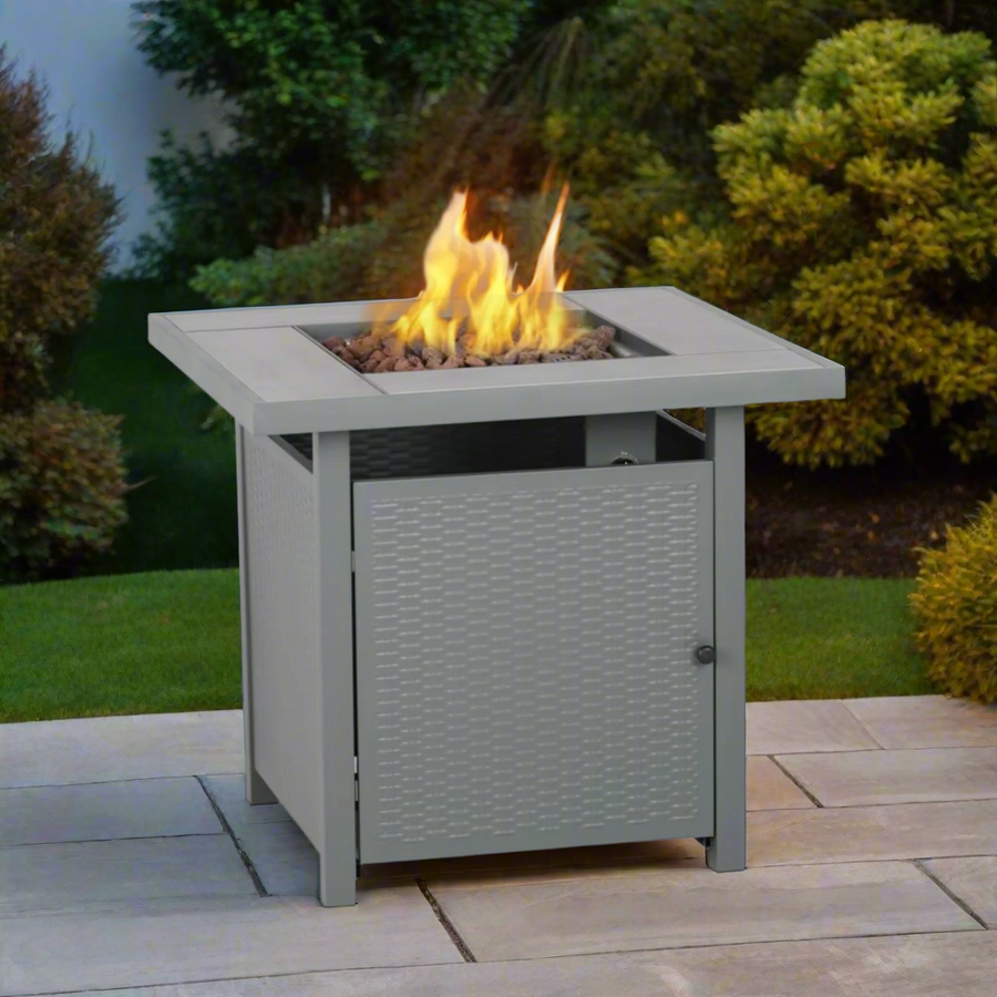 Outdoor Gas Flame Fire Pit Table - Grey Rattan Effect